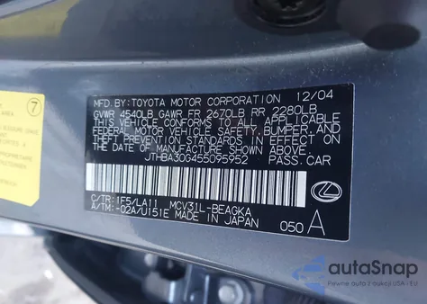 2005 Lexus Es 330 from USA, damaged, VIN JTHBA30G455095952